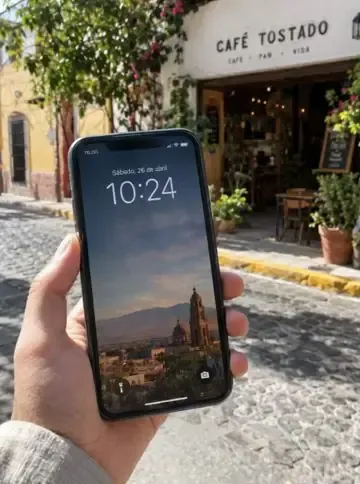 Celular con un aviso de la tarjeta de una cafetería de ejemplo al pasar cerca del local