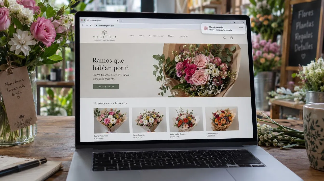 Laptop con una notificación web push de una florería de ejemplo