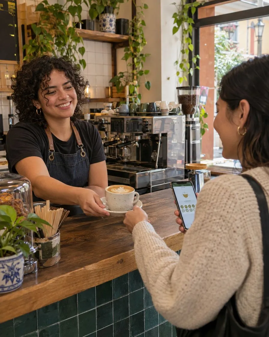 Cafetería atendiendo a una clienta frecuente