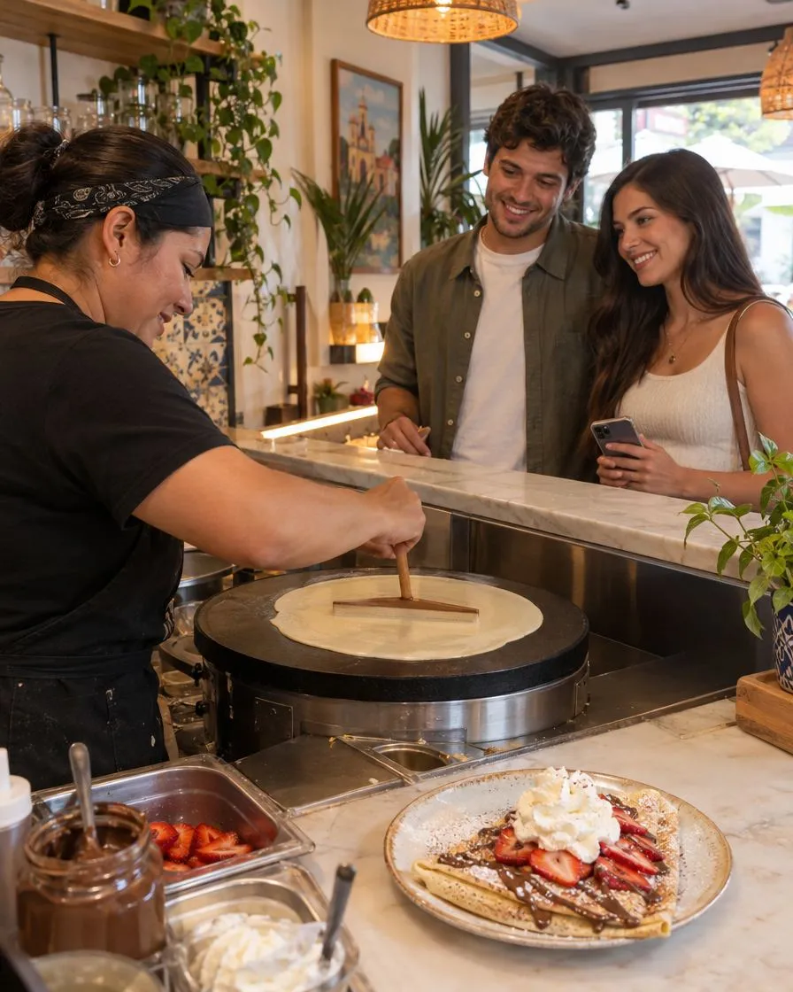 Crepería preparando una crepa frente a una pareja de clientes