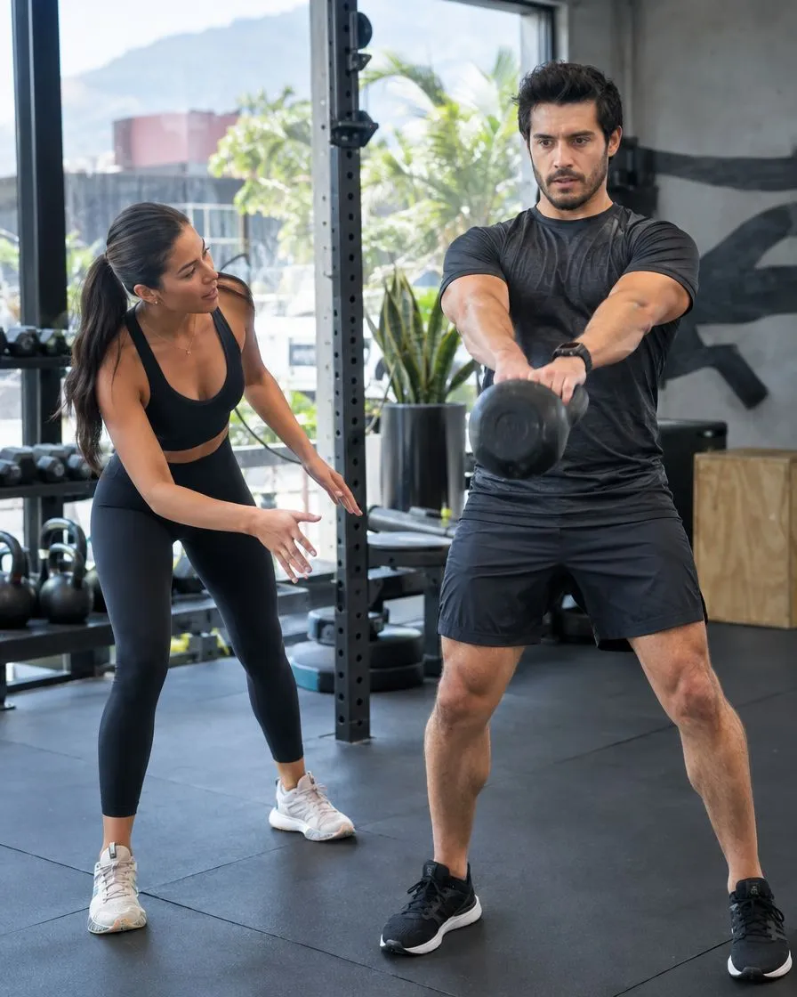 Entrenadora guiando a un socio del gimnasio