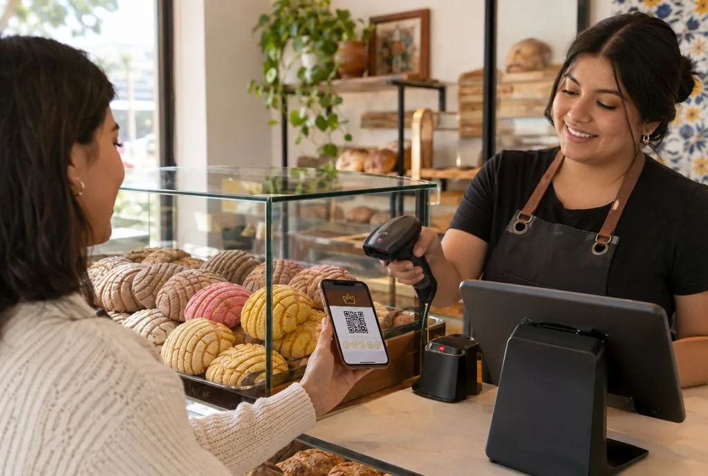Clienta mostrando su tarjeta de lealtad en el celular en el mostrador de una panadería