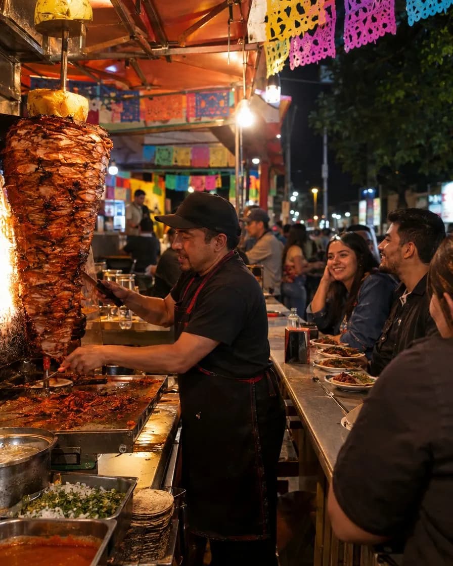 Taquero cortando pastor frente a sus clientes