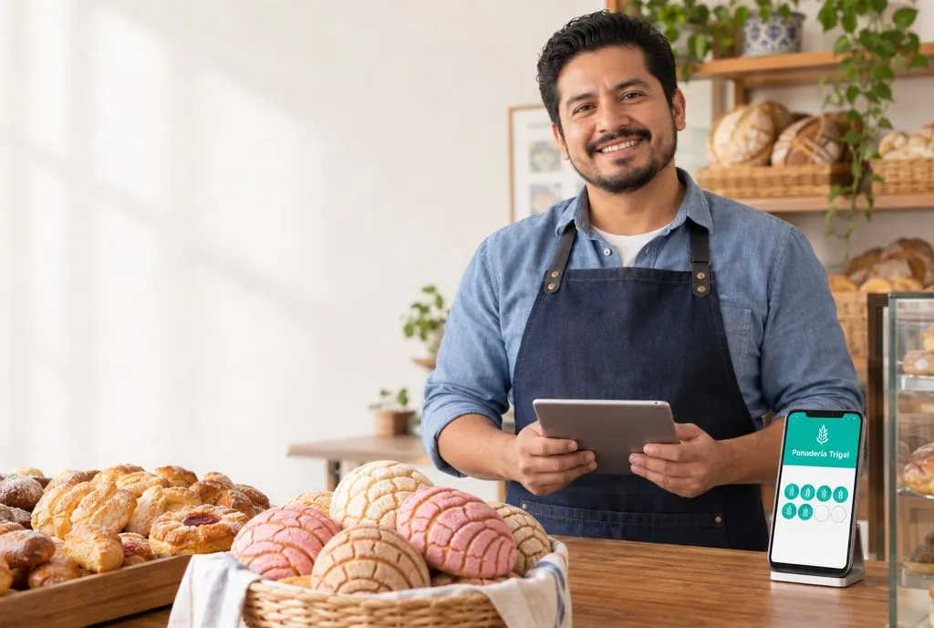 Dueño de panadería sonriendo con una tablet junto a un celular con la tarjeta de lealtad de Panadería Trigal