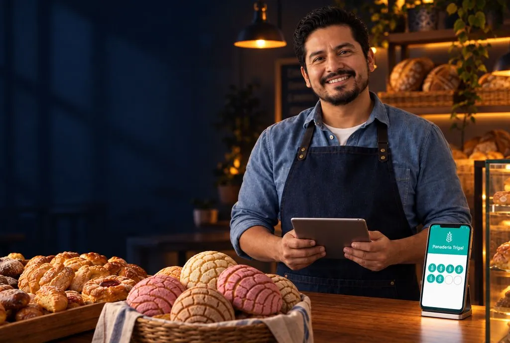 Dueño de panadería por la noche con una tablet, junto a un celular con la tarjeta de lealtad de Panadería Trigal