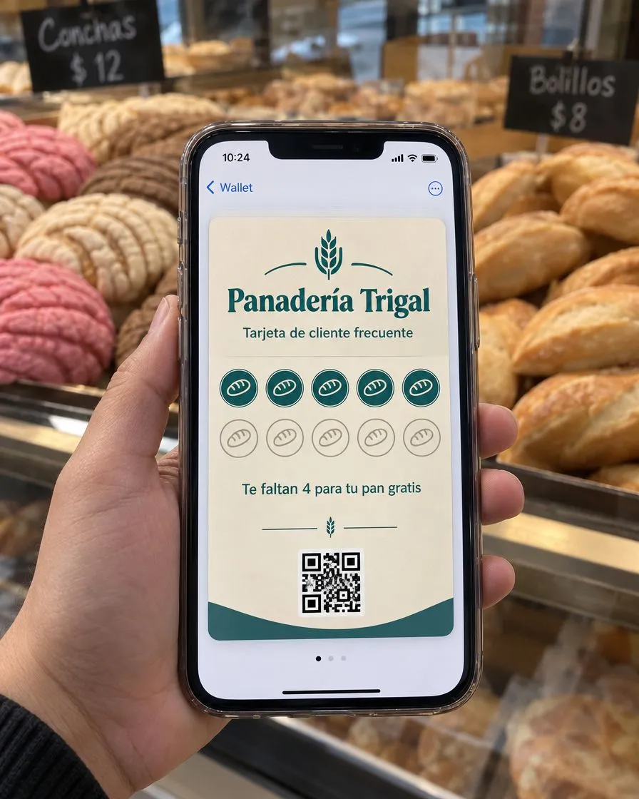 Cliente con la tarjeta de lealtad digital de una panadería en su celular