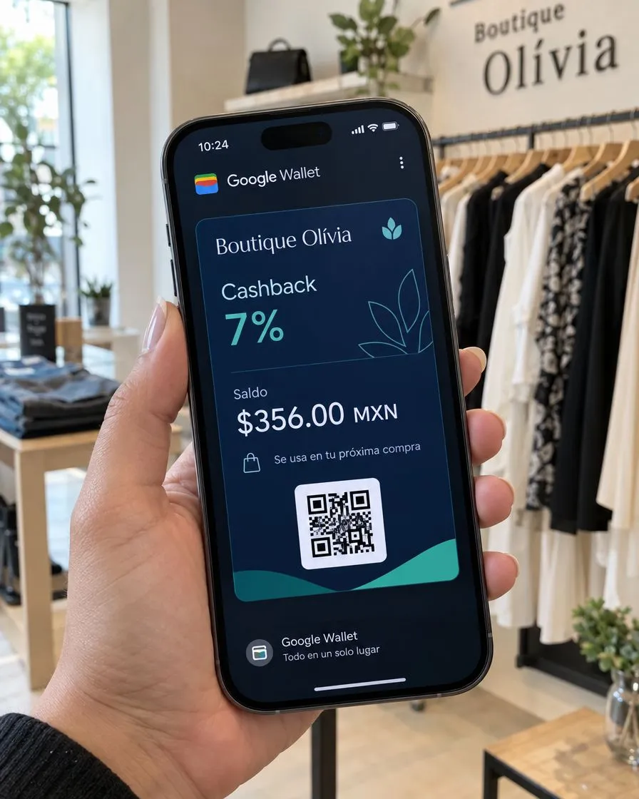 Tarjeta de cashback de una boutique de ejemplo en Google Wallet con saldo acumulado