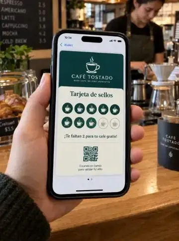 Tarjeta de sellos de una cafetería de ejemplo en Apple Wallet con 8 de 10 sellos