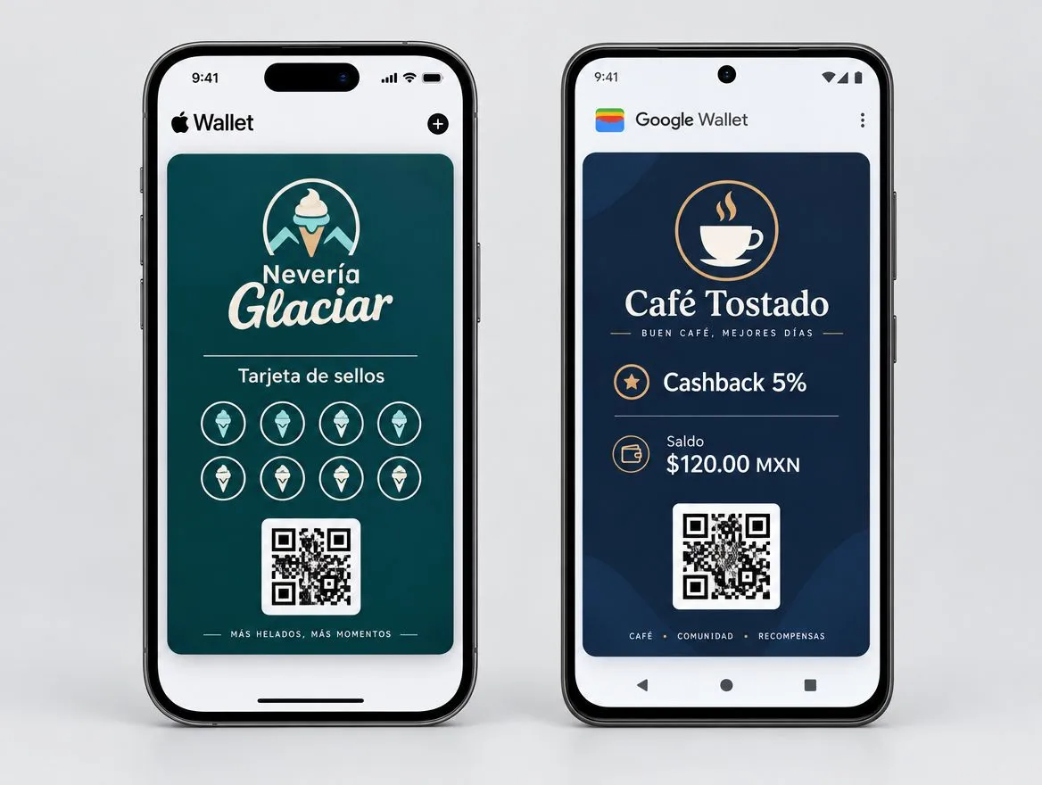 Dos celulares con tarjetas de lealtad de negocios de ejemplo guardadas en la billetera digital, uno iPhone y otro Android